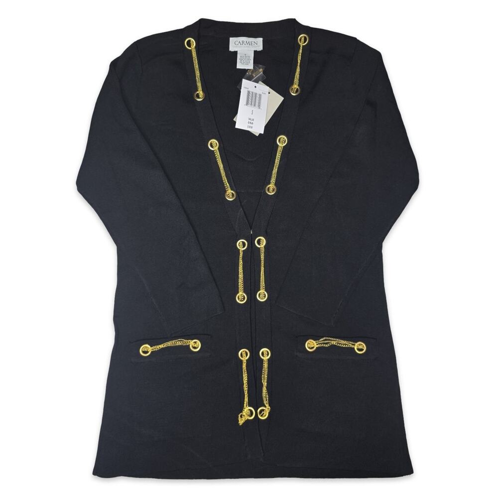 Carmen Marc Valvo Cardigan Women S Black Gold Chain Grommet Longline NWT
